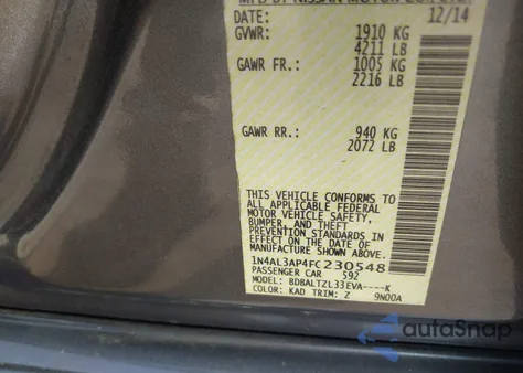 2015 Nissan Altima 2.5 Sl z USA, uszkodzony, nr VIN 1N4AL3AP4FC230548